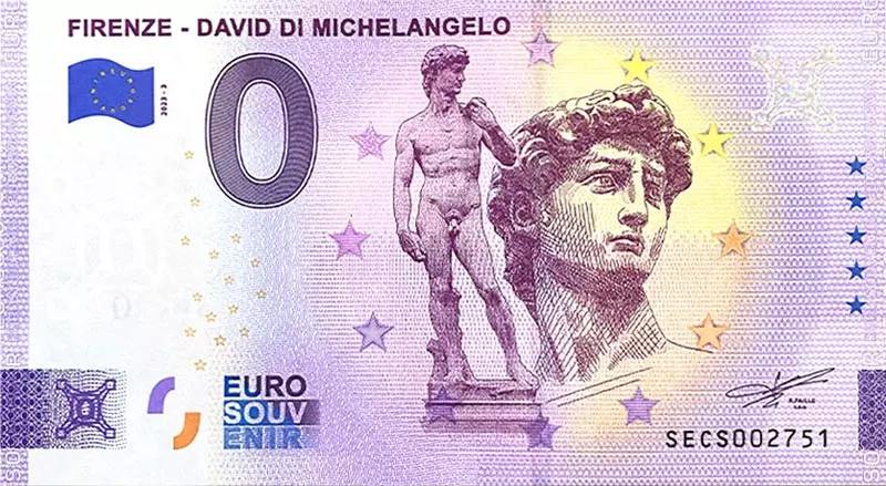 0-Euro-Banknote Italien Michelangelos David in Florenz 2023