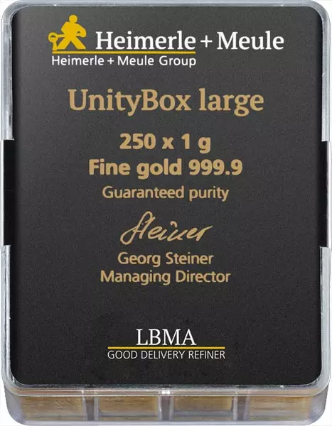 250 x 1 Gramm Goldbarren Heimerle & Meule Unity Box large