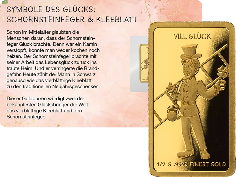 Goldbarren Viel Glück - Schornsteinfeger und Kleeblatt