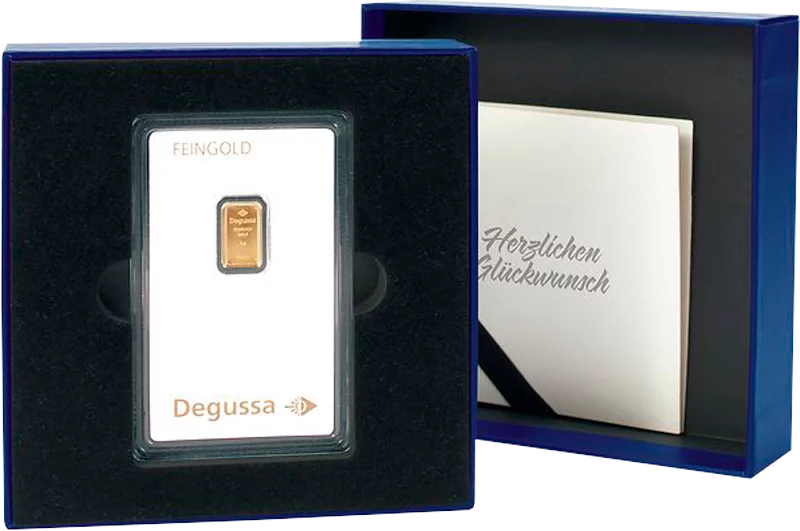 Geschenkschachtel Herzlichen Glückwunsch klassisch Blau - für Goldbarren und Münzen in Coin Cards