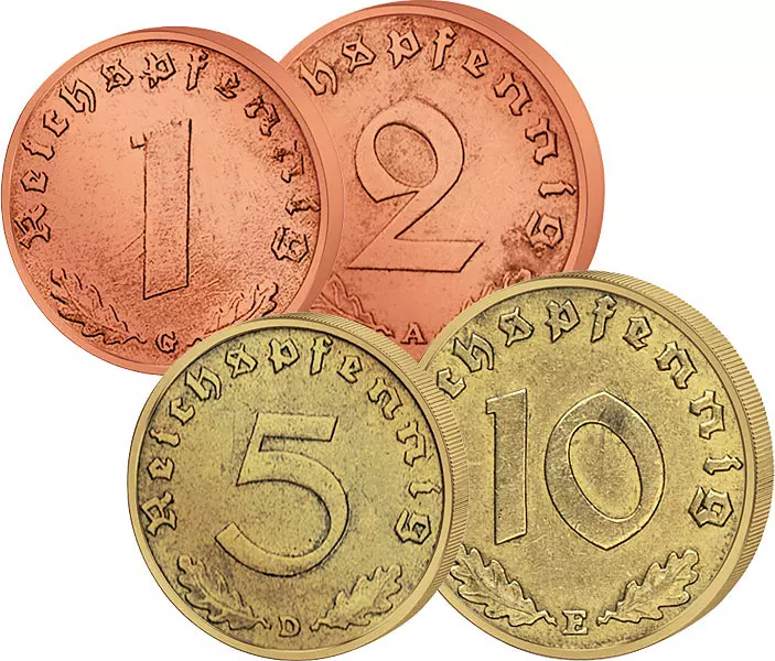 1, 2, 5, 10 Reichspfennige Drittes Reich Hakenkreuz 1936-1940