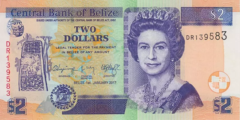 2 Dollars Belize Banknote Königin Elizabeth II. 2017