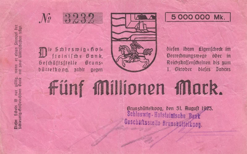 5 Millionen Mark Schleswig-Holstein Banknote 1923
