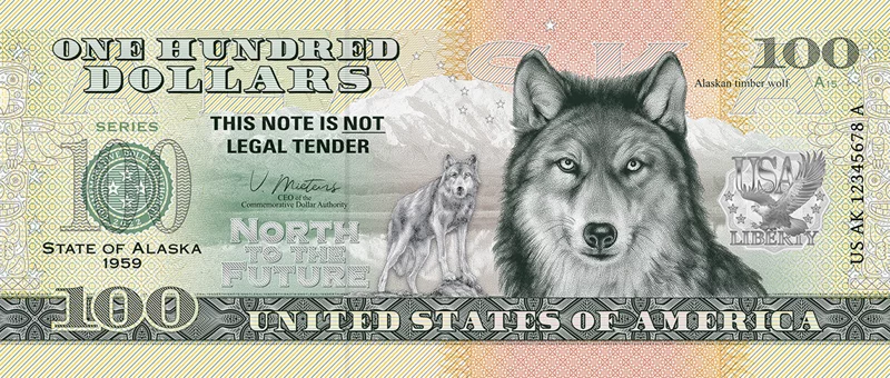100 Dollars USA Banknote State Dollar - Alaska Wolf 2022