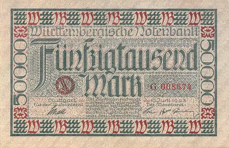 50.000 Mark Württemberg Württembergische Notenbank 1923