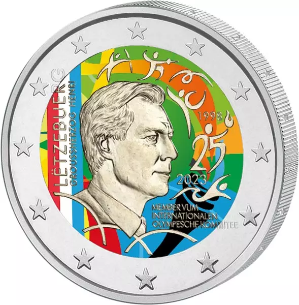 2 Euro Luxemburg 25. Jahrestag Henri im Olympischen Komitee 2023 mit Farb-Applikation
