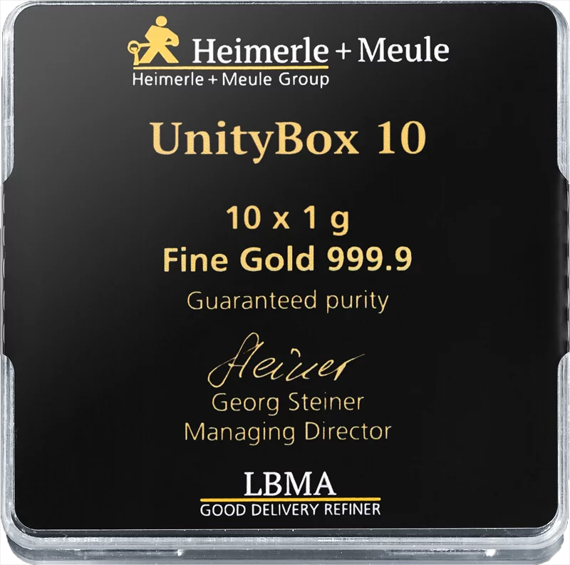 10 x 1 Gramm Goldbarren Heimerle & Meule Unity Box