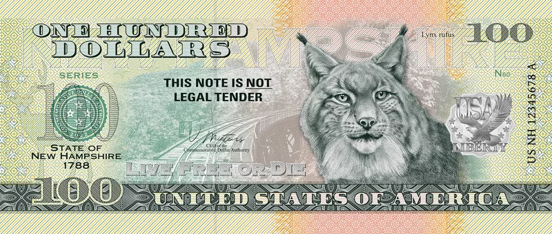 100 Dollars USA Banknote State Dollar - New Hampshire Lynx Rufus 2022