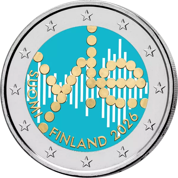 2 Euro Finnland 100 Jahre finnischer Rundfunk Yleisradio 2026 mit Farb-Applikation