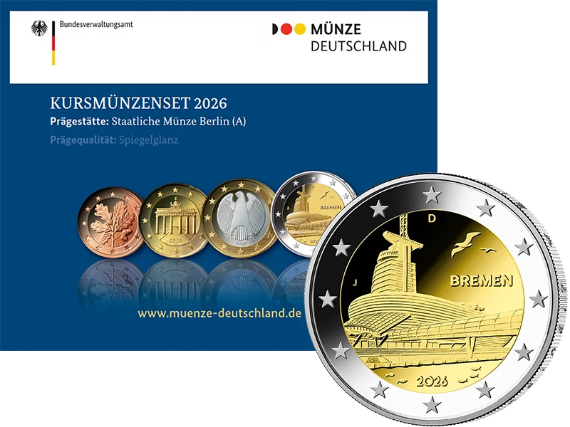 Euro-Kursmünzensatz BRD 2026 inkl. 2 Euro Bremen - Klimahaus 2026 Polierte Platte