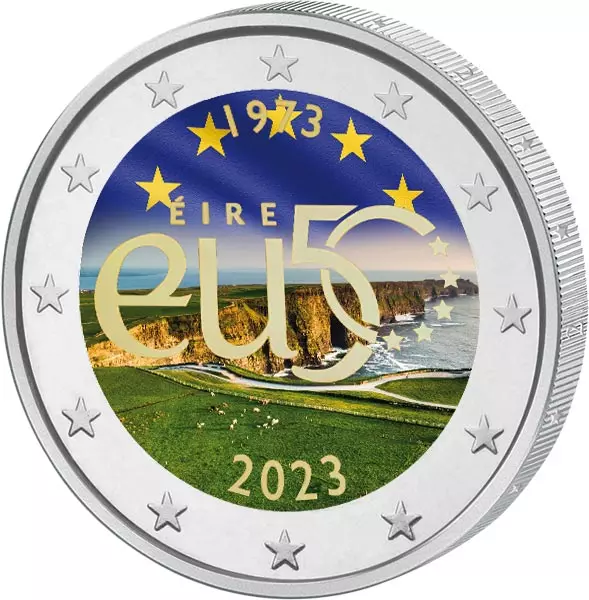 2 Euro Irland 50 Jahre EU-Beitritt 2023 mit Farb-Applikation