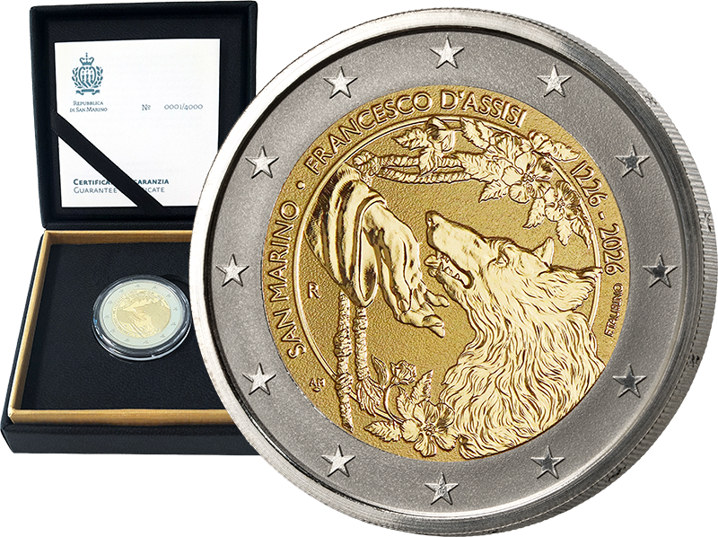 San Marino 2 Euro 800. Todestag Franz von Assisi 2026 in Reverse Proof