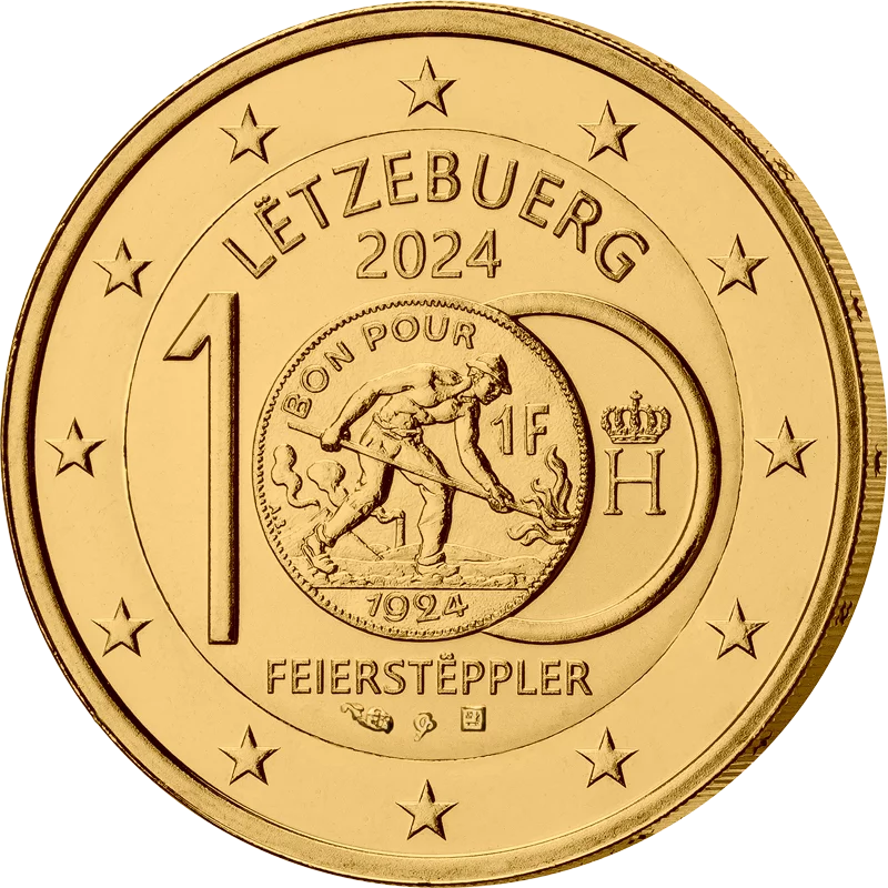 2-Euro-Gedenkmünze Luxemburg 100 Jahre Franc-Münzen 2024 als vollvergoldete Premiumausgabe