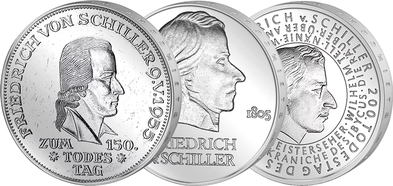 5 DM, 20 Mark, 10 Euro Spar-Set BRD und DDR Friedrich von Schiller 1955, 1972 und 2005
