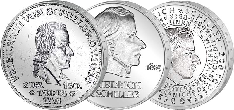 5 DM, 20 Mark, 10 Euro Spar-Set BRD und DDR Friedrich von Schiller 1955, 1972 und 2005, Nickel,Silber