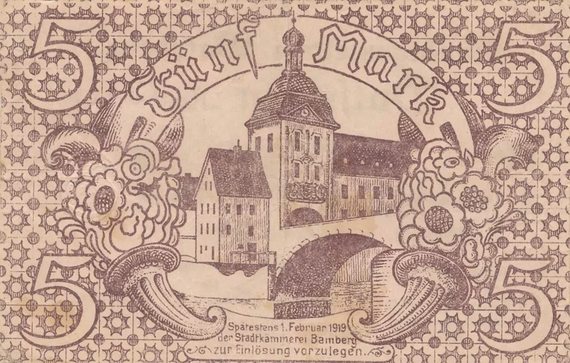 5 Mark Bamberg Kriegsnotgeldschein 1918