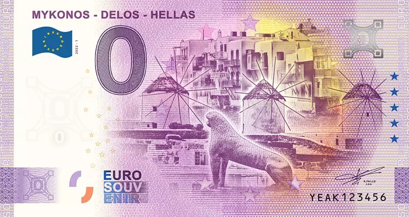 0-Euro-Banknote Griechenland Mykonos Delos 2022