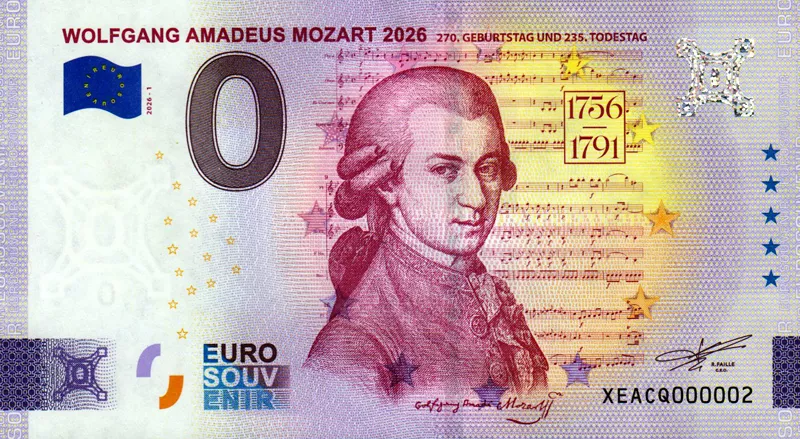 0-Euro-Banknote Österreich 270. Geburtstag und 235. Todestag Wolfang Amadeus Mozart 2026