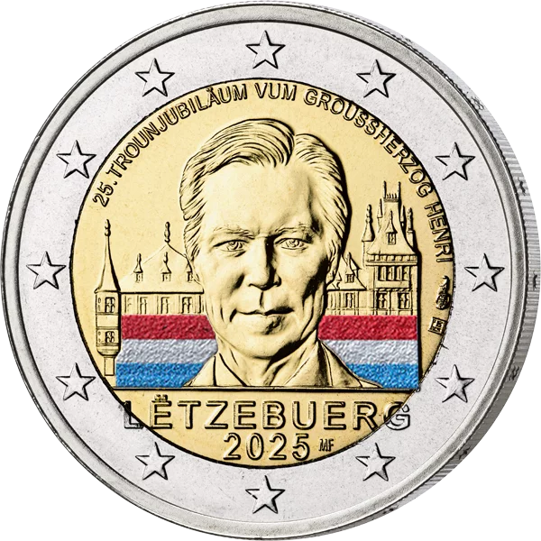 2 Euro Luxemburg 25 Jahre Thronbesteigung Großherzog Henri 2025 mit Farb-Applikation