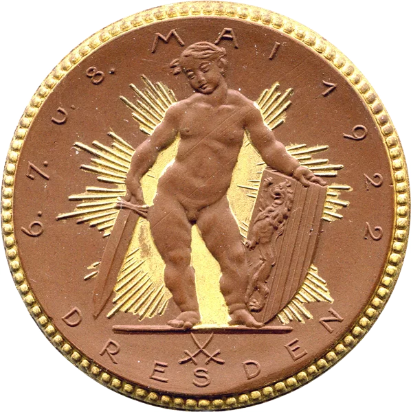 Porzellanmedaille Dresden Auf das Treffen der Verkehrstruppen am 6. - 8. Mai 1922 mit Golddekor