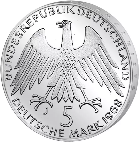 5 DM Münze BRD Friedrich Wilhelm Raiffeisen 1968 Stempelglanz