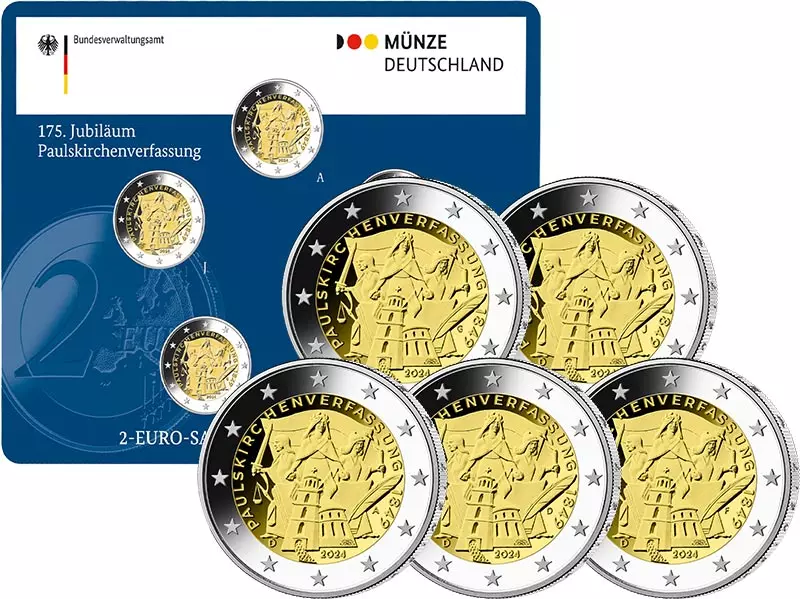 5 x 2 Euro BRD 175. Jubiläum Paulskirchen-Verfassung 2024 Stempelglanz (A-J) inkl. Blister