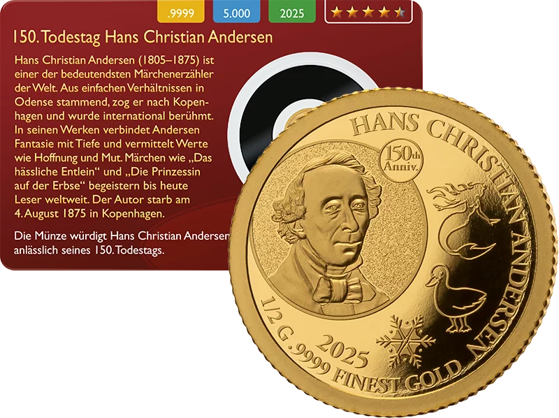 25 Dollars Liberia 150. Todestag Hans Christian Andersen 2025 Gold Coin Card