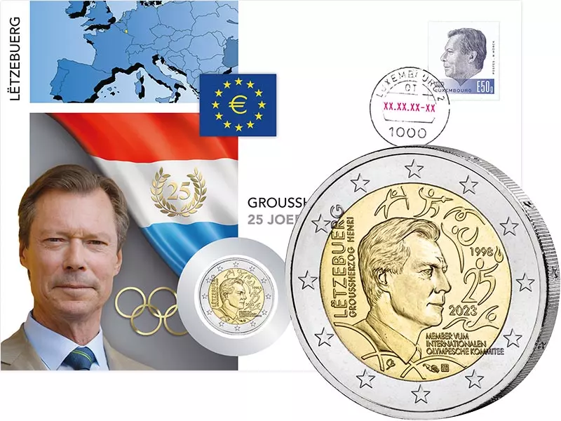 2 Euro Numisbrief Luxemburg 25. Jahrestag Aufnahme Großherzog Henri beim IOC 2023