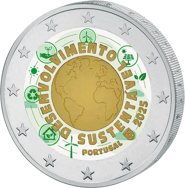2 Euro Portugal Nachhaltige Entwicklung 2025 mit Farb-Applikation