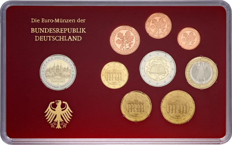 Euro-Kursmünzensatz BRD inkl. 2-Euro-Gedenkmünze Mecklenburg-Vorpommern Römische Verträge 2007 Polierte Platte