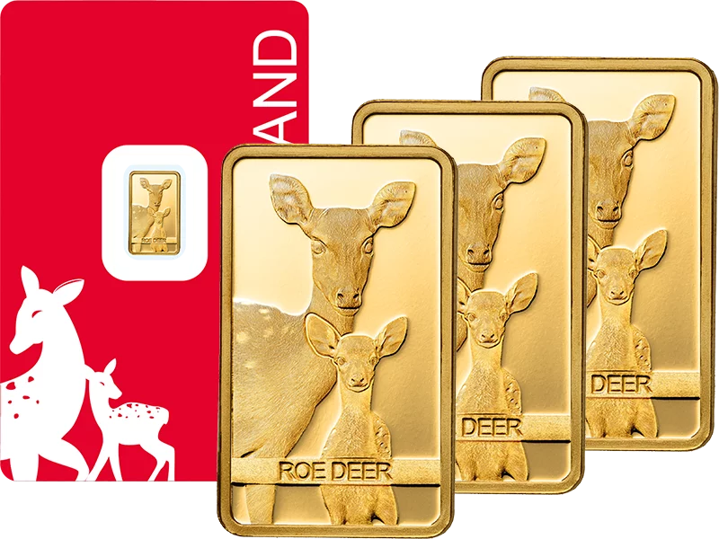 3 x 1 Gramm Goldbarren Roe Deer