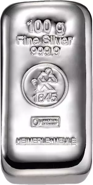 100 Gramm Silberbarren gegossen Heimerle & Meule