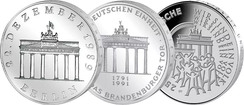 10 DM, 20 Mark, 25 Euro Spar-Set BRD und DDR Brandenburger-Tor und Deutsche Einheit 1991, 1990 und 2015