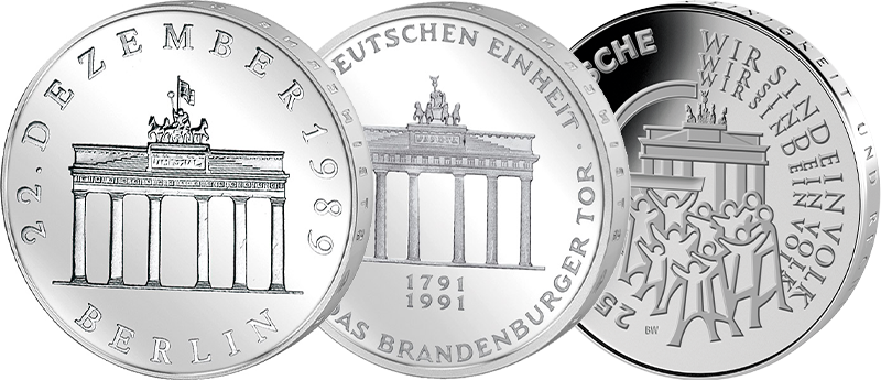 10 DM, 20 Mark, 25 Euro Spar-Set BRD und DDR Brandenburger-Tor und Deutsche Einheit 1991, 1990 und 2015, Silber