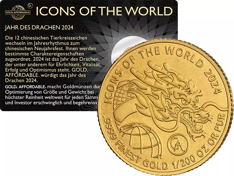 1/200 Unze Gold Ruanda Icons of the World - Jahr des Drachen 2024