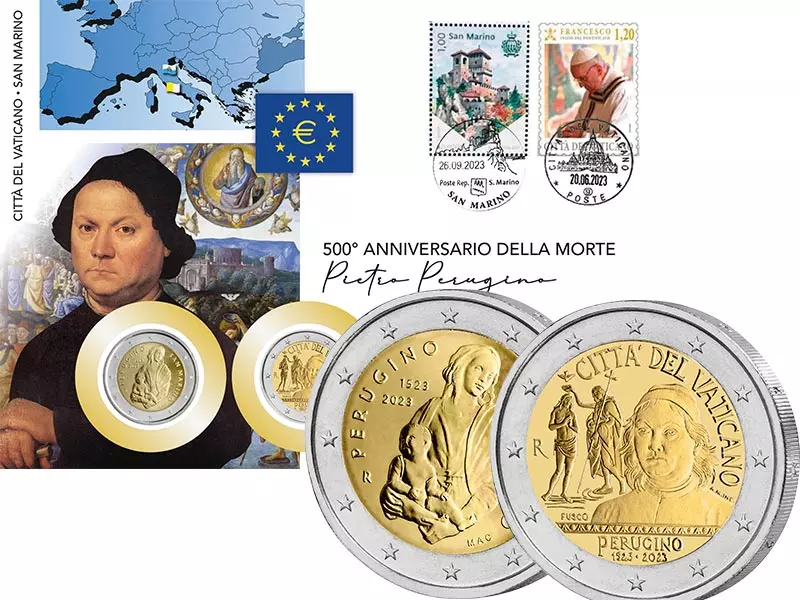 Doppelnumisbrief Vatikan und San Marino 500. Todestag Pietro Perugino 2023