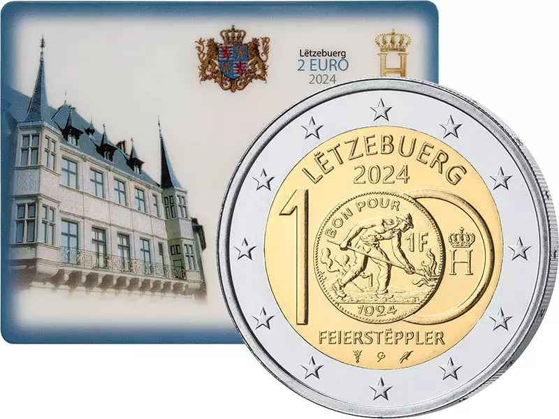 2 Euro Luxemburg 100 Jahre Einführung der Franc-Münzen mit dem Feierstëppler 2024 in Coin Card