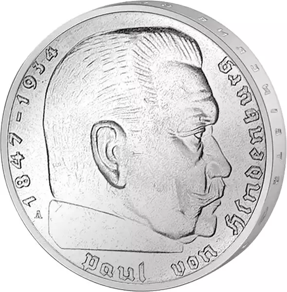 2 Reichmark Drittes Reich Paul von Hindenburg 1936-1939 sehr schön
