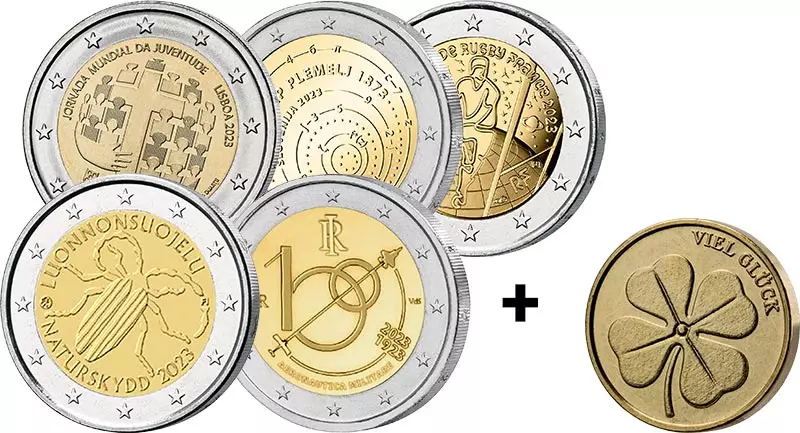 5 x 2 Euro Spar-Set inkl. Gratis Glücksbringer Hufeisen & Kleeblatt