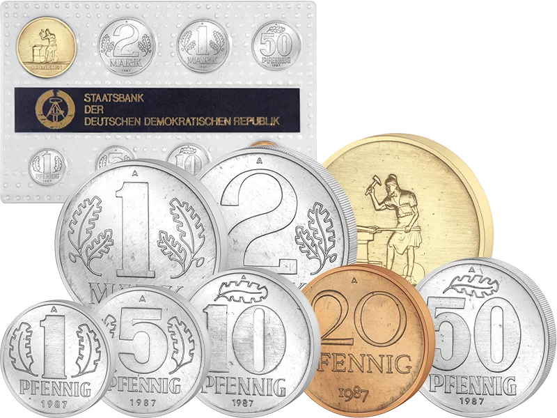 1 Pfennig - 2 Mark DDR Kursmünzensatz inkl. Gedenkprägung Schmieden 1987