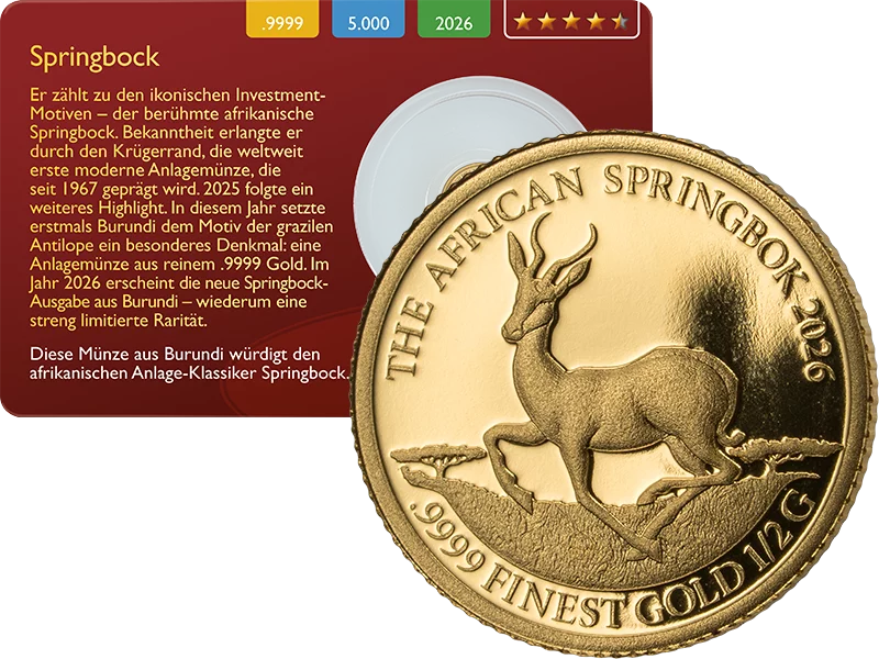 25 Francs Burundi Springbock 2026 Gold Coin Card
