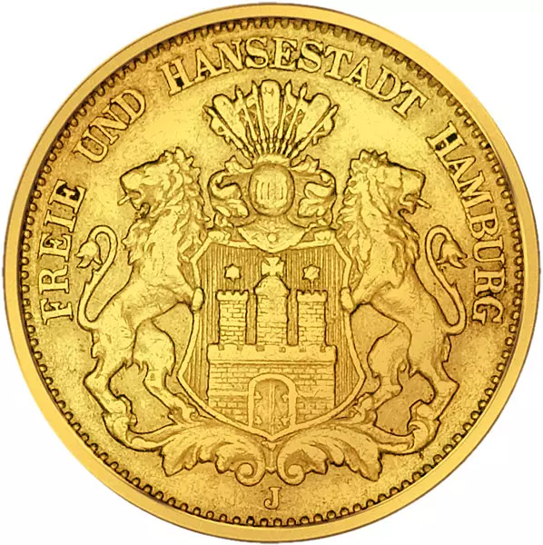20 Mark Hamburg Stadtwappen kleiner Adler 1875-1889 20 Mark Hamburg Stadtwappen kleiner Adler 1875-1889