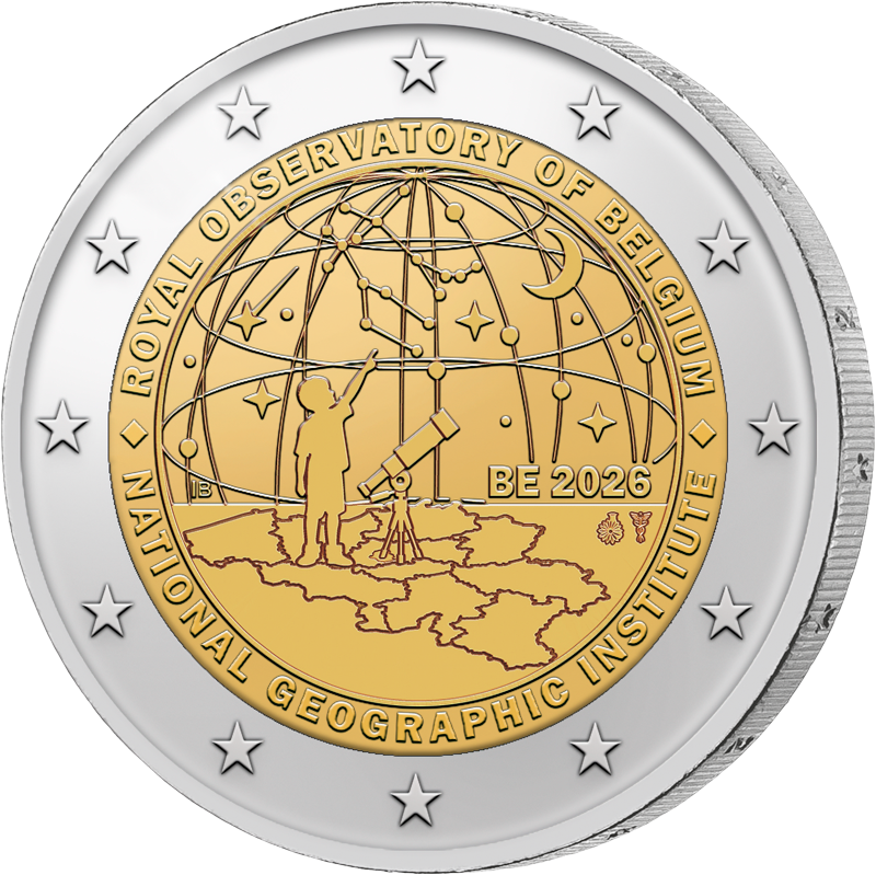 2 Euro Belgien 200 Jahre Königliche Belgische Sternwarte und 50 Jahre Nationales Geographisches Institut 2026 in Coin Card Sprache unserer Wahl