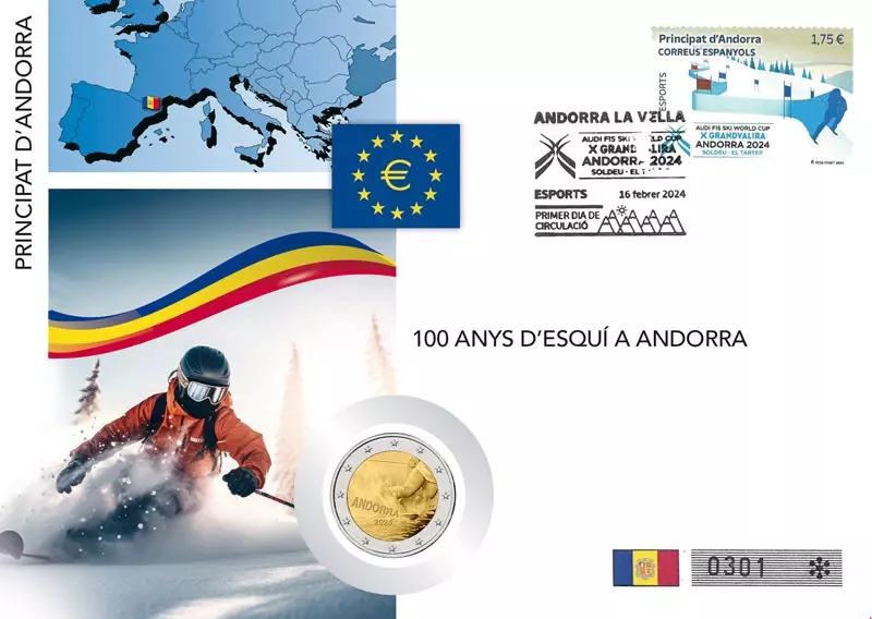 2 Euro Numisbrief Andorra 100 Jahre Skisport in Andorra 2024 | 1217331