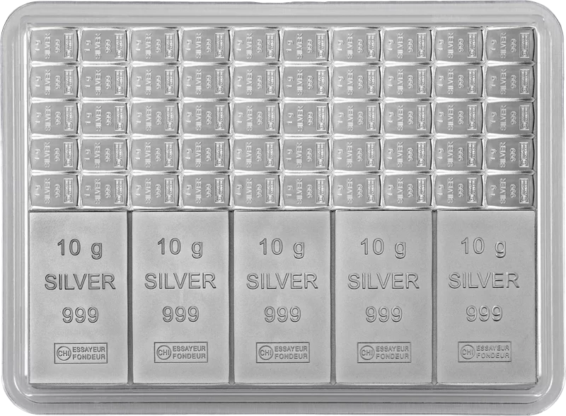 5 x 10 Gramm und 50 x 1 Gramm Silber-Knickbarren CombiBar