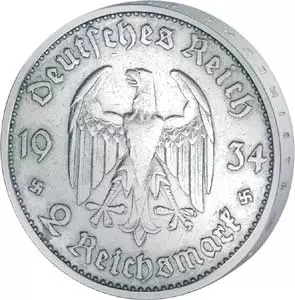 2 Reichsmark Drittes Reich Garnisonkirche Potsdam mit Datum 1934