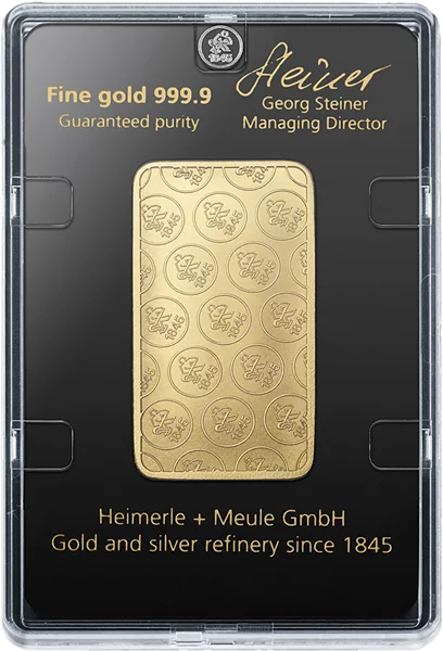 50 Gramm Feingoldbarren geprägt Heimerle & Meule