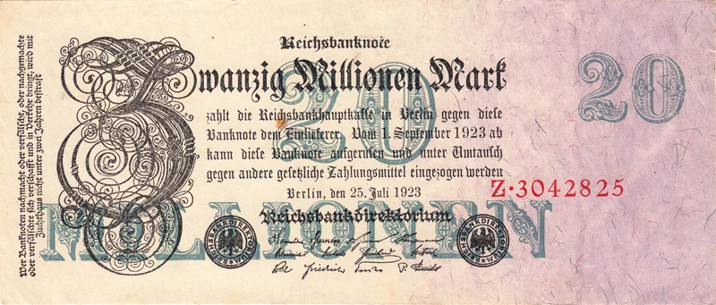 20 Millionen Mark Deutschland Reichsbanknote 1923