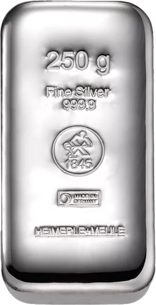 250 Gramm Silberbarren gegossen Heimerle & Meule