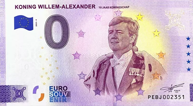 0-Euro-Banknote Niederlande 10. Krönungsjubiläum Willem-Alexander 2023